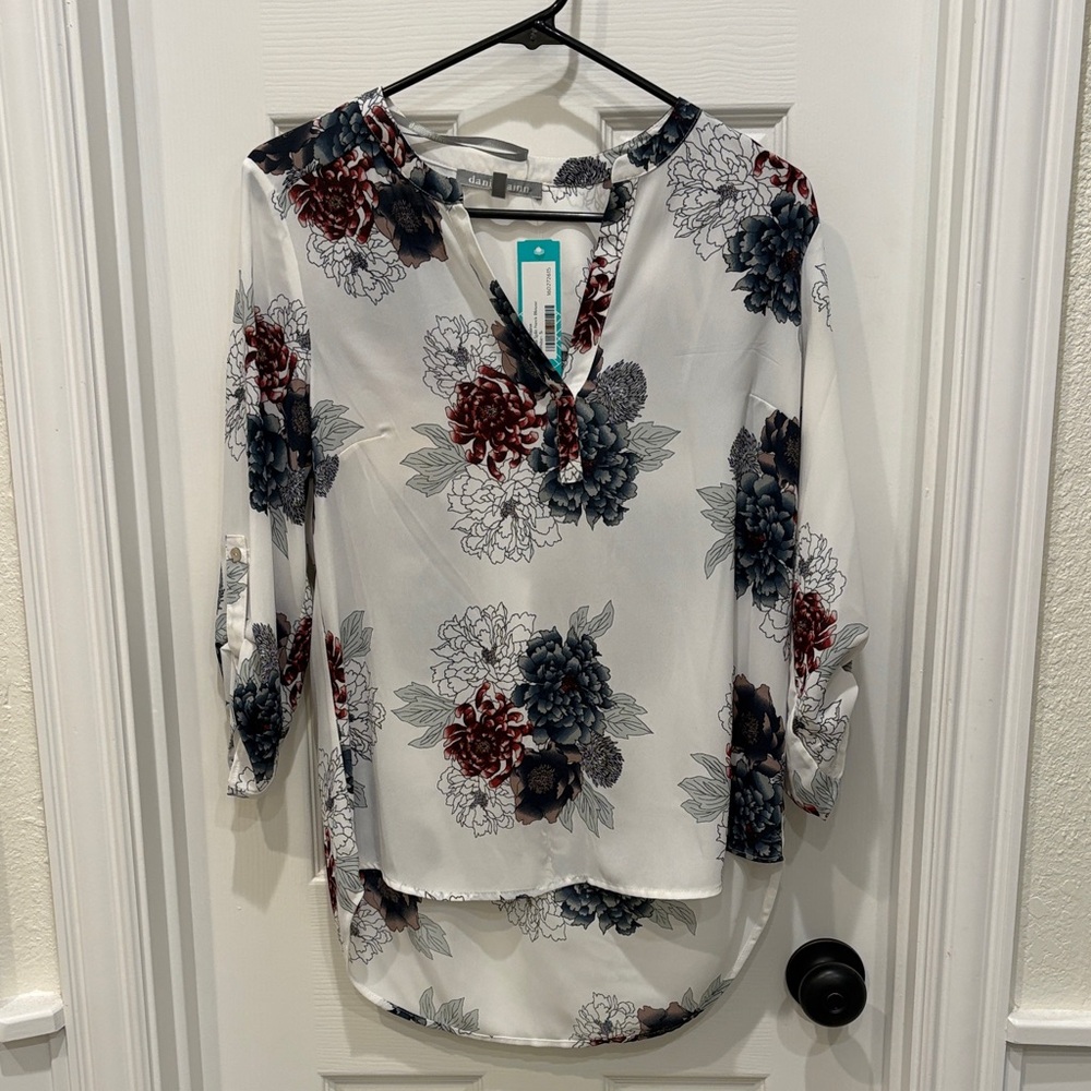 Daniel Rainn Ivory and Burgundy Floral Blouse